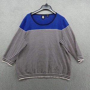 Talbots Sweater Womens 2X Blue White Black Stripes 3/4 Sleeve‎ Cropped
